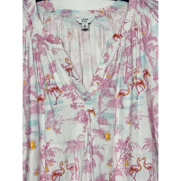 Crown & Ivy Blousy Pink Flamingo Pullover Top Summer Beachy Tropical Size Small - Picture 2 of 5